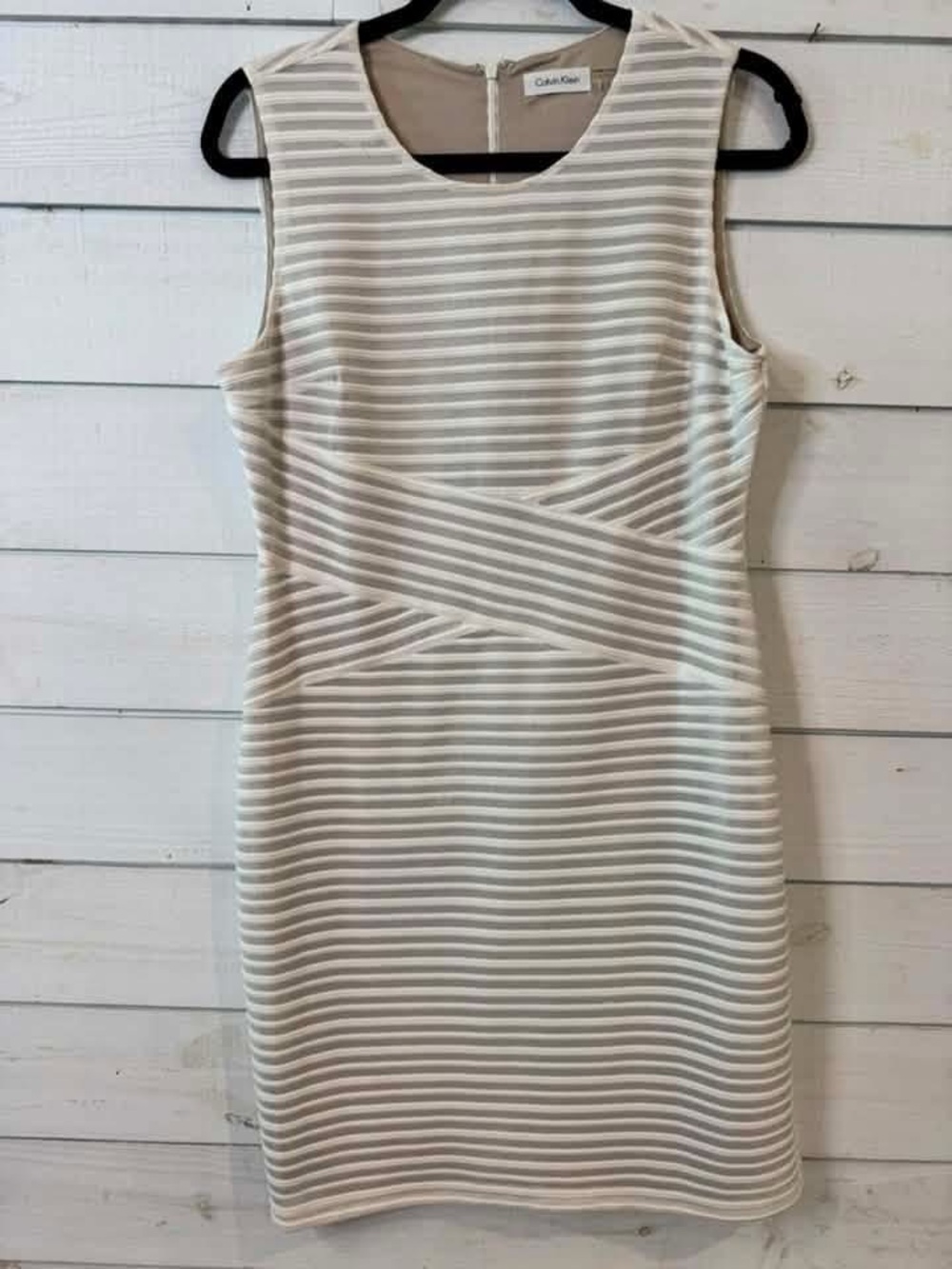 Calvin Klein Cream and White Striped Midi Sheath Dress